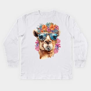 Watercolor Floral Camel Kids Long Sleeve T-Shirt